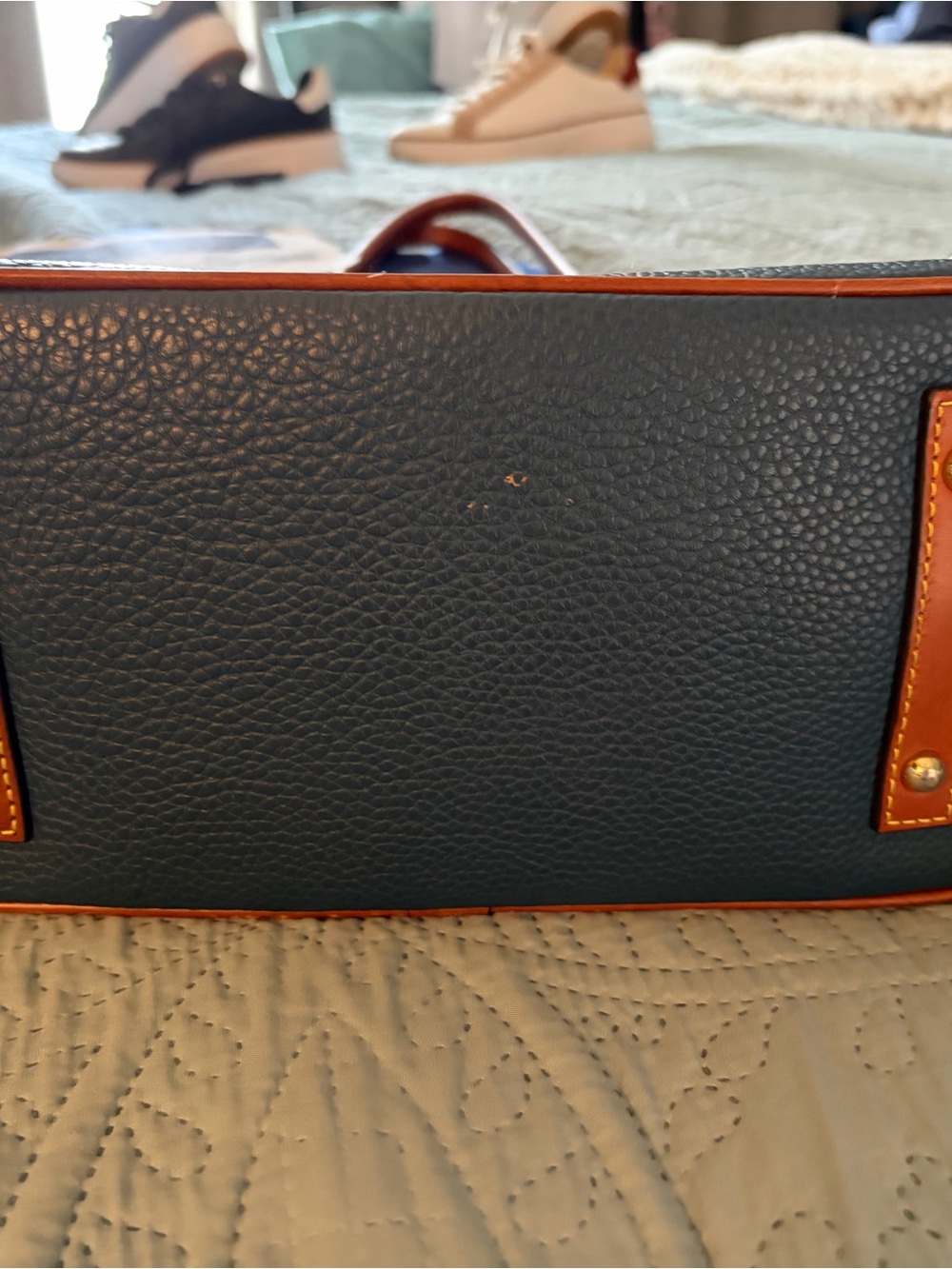 Dooney & Bourke denim blu Pebbled Leather Tote with Brown Trim and Gold Hardware - Picture 2 of 11